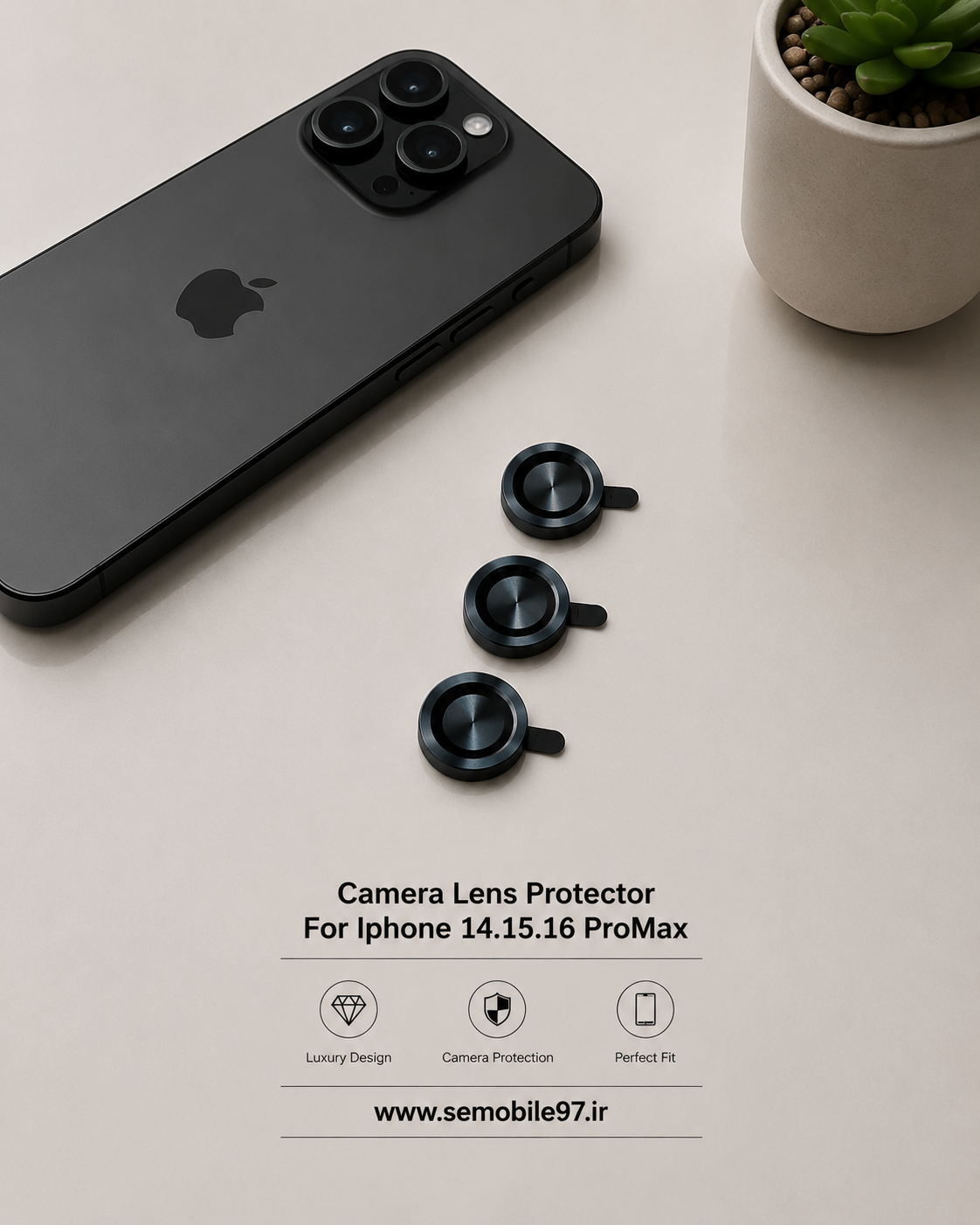 گلس لنز دوربین IPHONE 14.15.16 ProMax مدل رینگی ساده مشکی