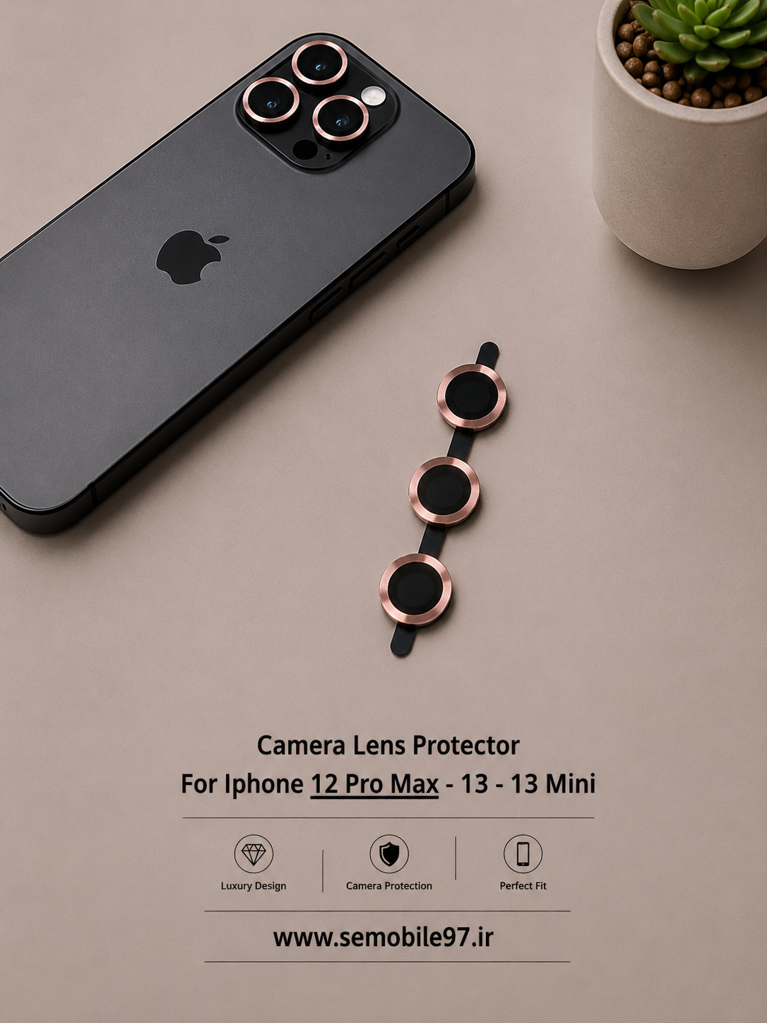 گلس لنز دوربین Iphone 12 ProMax - 13 - 13 Mini مدل رینگی صورتی