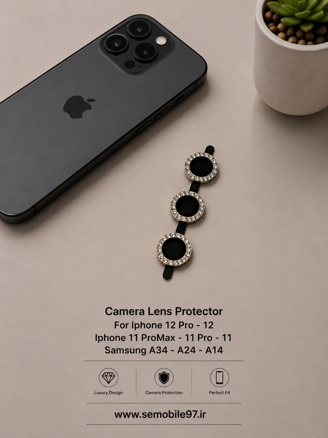 گلس لنز دوربین Iphone 12 Pro - 12 - 11 ProMax - 11 Pro - 11 - Samsung A34 - A24 - A14 مدل رینگی نگینی طلایی