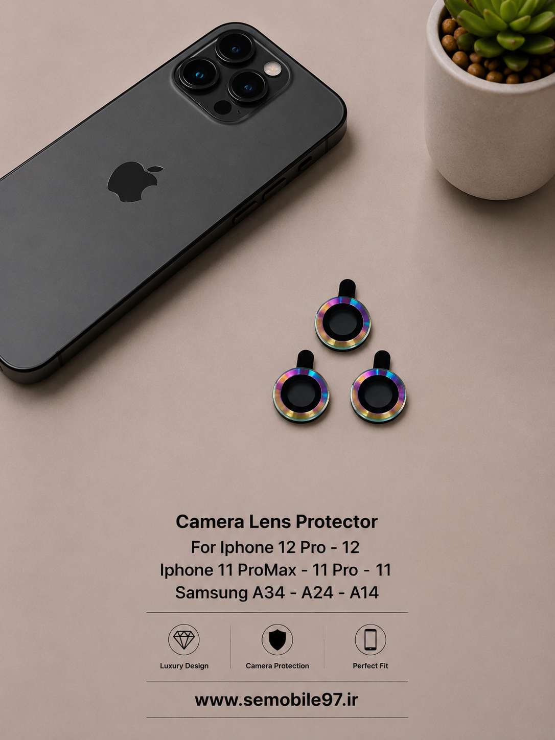 گلس لنز دوربین Iphone 12 Pro - 12 - 11 ProMax - 11 Pro - 11 - Samsung A34 - A24 - A14 مدل رینگی هفت رنگ