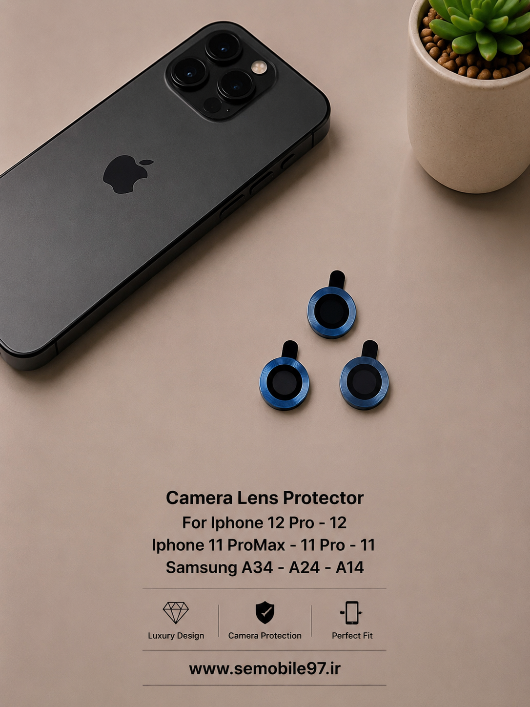 گلس لنز دوربین Iphone 12 Pro - 12 - 11 ProMax - 11 Pro - 11 - Samsung A34 - A24 - A14 مدل رینگی آبی