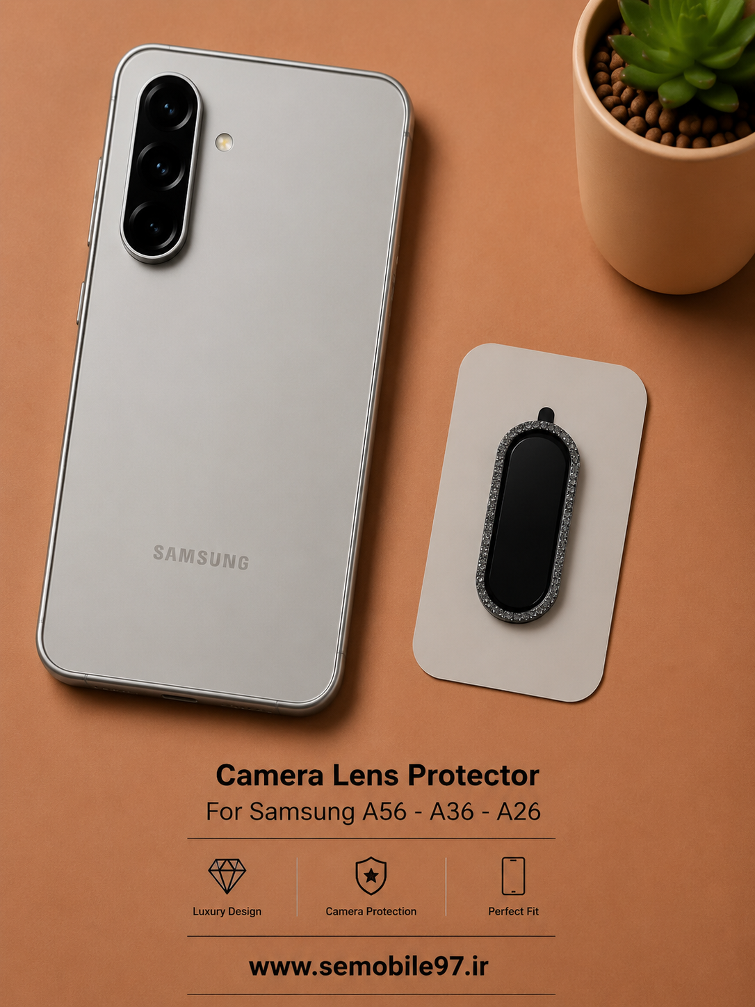 گلس لنز دوربین Samsung A56 - A36 سامسونگ مدل رینگی نگینی مشکی