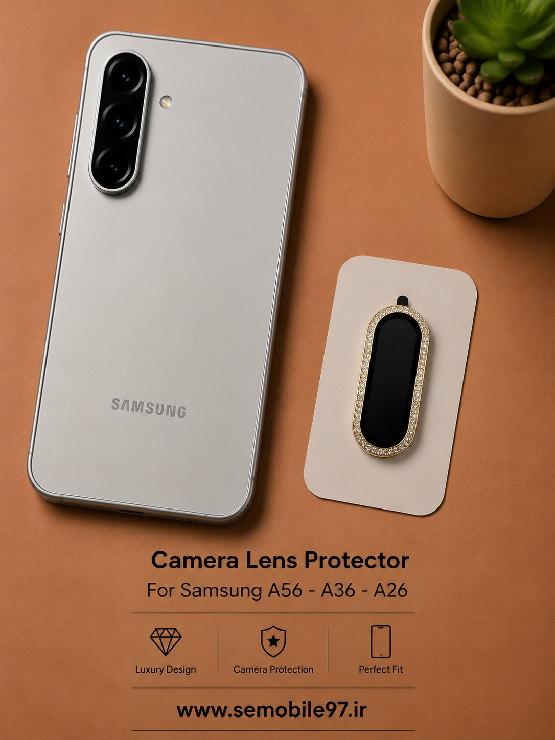 گلس لنز دوربین Samsung A56 - A36 سامسونگ مدل رینگی نگینی طلایی