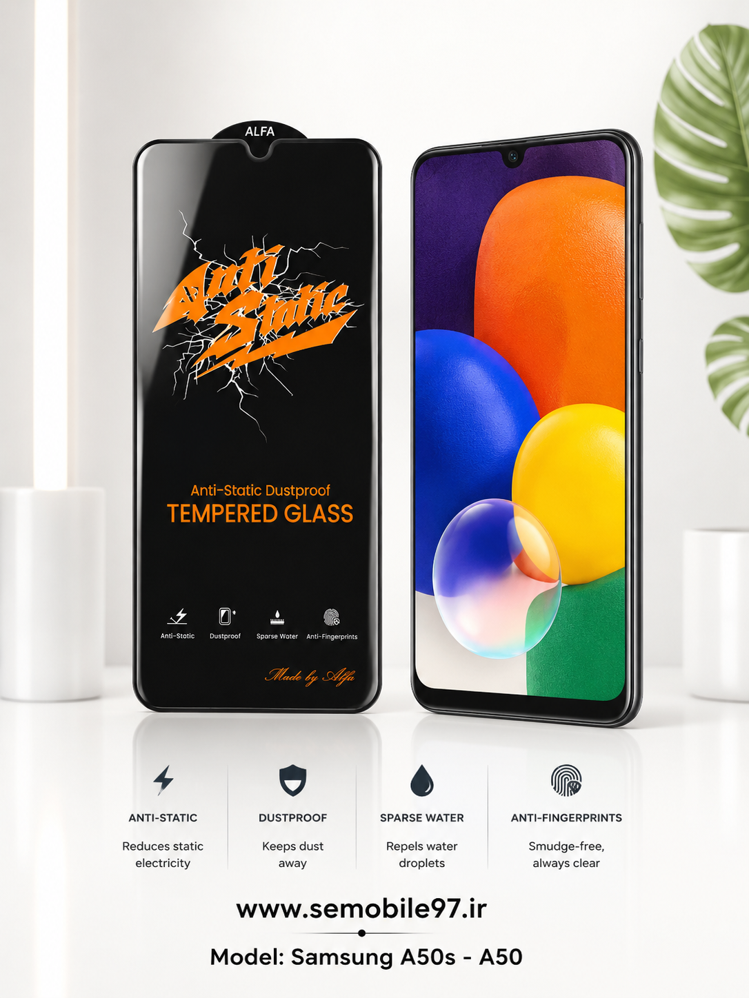گلس گوشی Galaxy A50s - A50 سامسونگ مدل آنتی استاتیک
